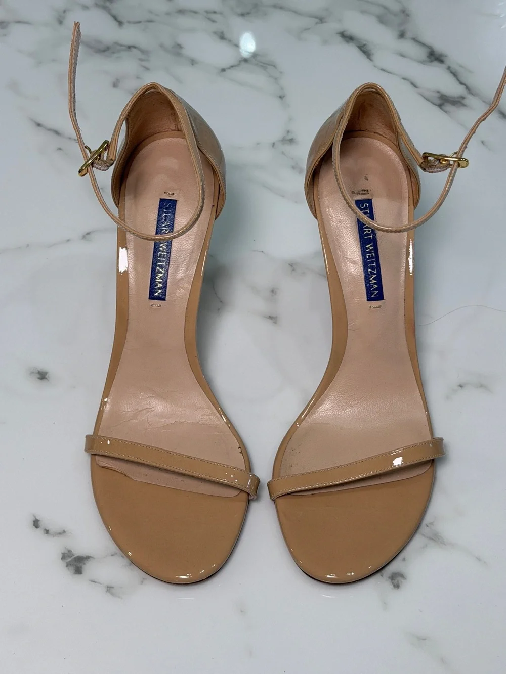 Stuart Weitzman Nude Patent Leather Ankle Strap Heels Size 7.5